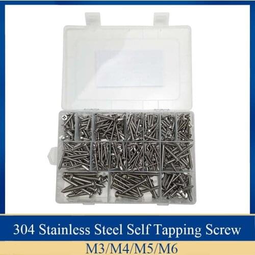 570pcs Flat Head tapping screws 304Stainless Steel Cross Round Head Self Tapping Screws Assortment Kit