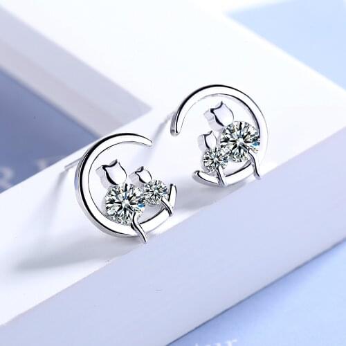 Cute Animal Design 925 Sterling Silver Zircon Cat Stud Earrings for Girl Christmas Party Jewelry Women Earring Gifts