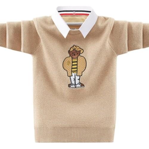 Kids Boys autumn / winter cartoon embroidery fake two new big virgin sweater knit pullover sweater thick bottoming