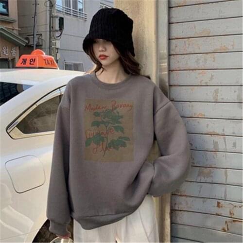 Vintage Floral Letter Print Sweatshirt 2020 Korean Style O-Neck Oversized Plus Velvet Long Sleeve Warm Pullover Winter Clothes