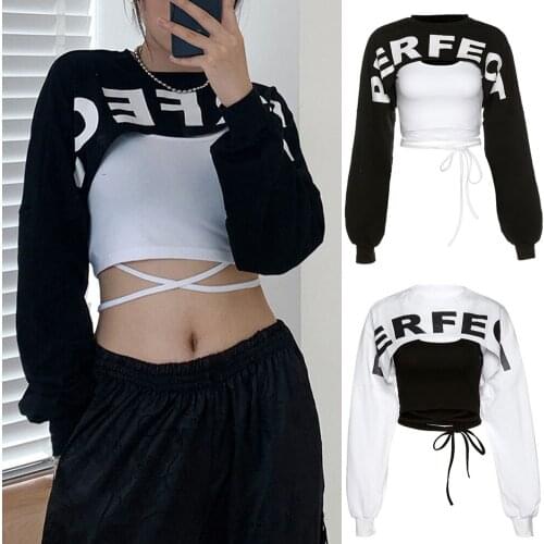 High street casual black white patchwork letter Sweatshirts women fashion long sleeve short female hoodie 2020 autumn