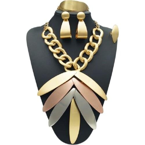 Yulaili Wholesale Cheap Fashion Dubai Decorousness Jewelry Sets Rose Gold Color Big Leaf Shape Pendant Necklace Earrings