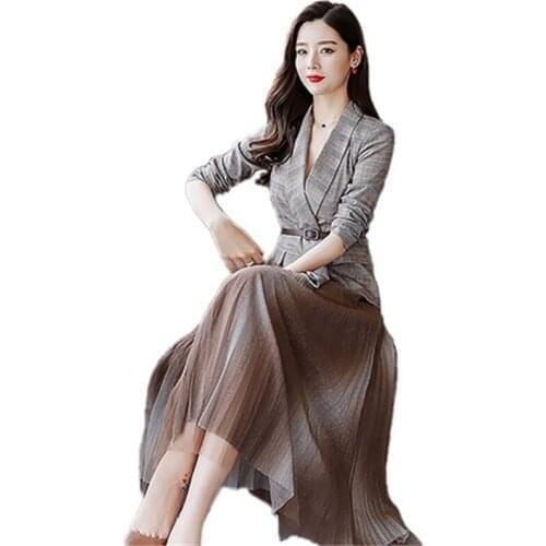 Womens Spring and Autumn Goddess Fan new mesh pleated skirt temperament irregular V-neck lacing Blazers Skirt Suit two-piece