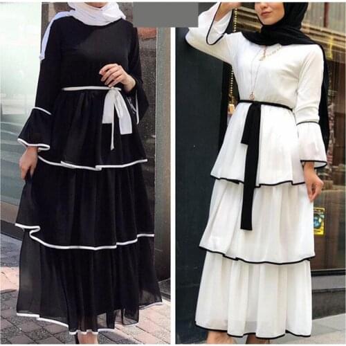 Black White Abayas for Women Muslim Cake Layer Long Dress Elegant Islamic clothing Jubah Robe Musulim Party Dress M-3XL