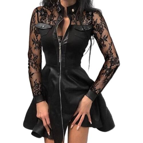 Plus Size Autumn Fashion PU Women Dress Lace Long Sleeve Zipper Pocket Large Hem Faux Leather Mini Dress Black платье
