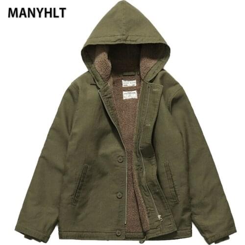 MANYHLT Winter 2021 Retro Tooling Padded Jacket Aviator Hooded Plus Velvet Thick Mens Lamb Motorcycle Man Trench Coat