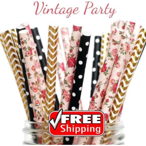 150pcs Mixed 3 Designs VINTAGE PARTY Themed Paper Straws-Black,Gold Foil,Pink,Colorful,Swiss Dot,Chevron,Flower,Floral-Wedding
