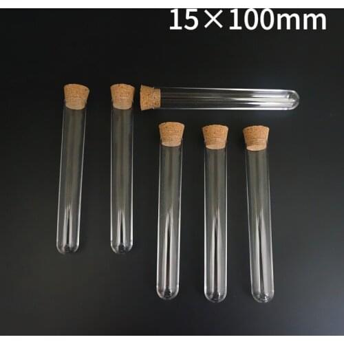 Free shipping 200pcs/lot 15x100mm Hard Plastic test tubes with cork stopper for kind shcools/university experiments