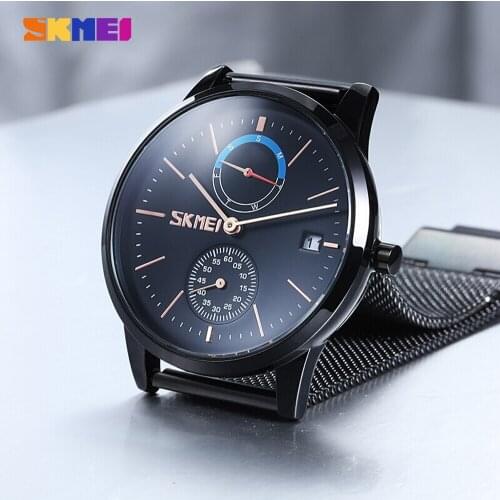 SKMEI Fashion Mens Watch Quartz Waterproof Casual Brand Stainless Steel Mesh Week Date Male Wristwatch Gifts Relogio Masculino