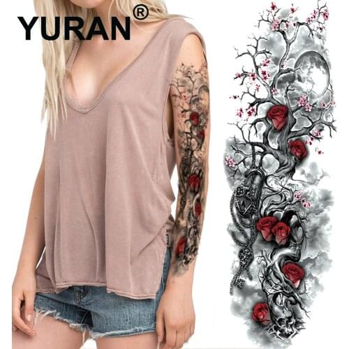 Black Tree With RoseMoon Full Flower Arm Temporary Tattoo Stickers 48*17CM Women Girl Water Trasfer Fake Tattoo Paste For Men