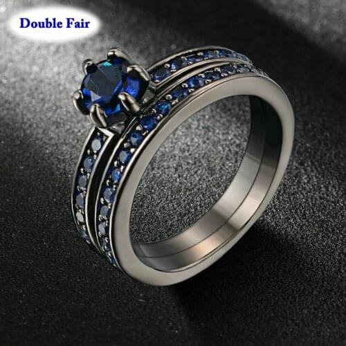 Black Gold Color Vintage Bijoux Fashion Ring Blue Cubic Zirconia Inlay Party Ring Set For Women As Chirstmas Gift DWR487