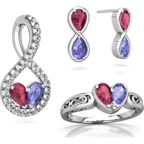 Exquisite White Gold Red Purple Gems Crystal Stud Earrings Pendant Necklace Rings Jewelry Set Engagement Jewelry Gift