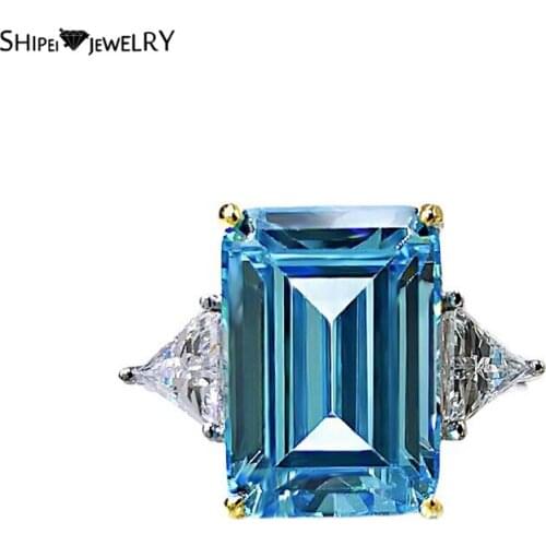 Shipei 925 Sterling Silver Emerald Cut Aquamarine Created Moissanite Gemstone Fashion Engagement Ring For Women Fine Jewelry