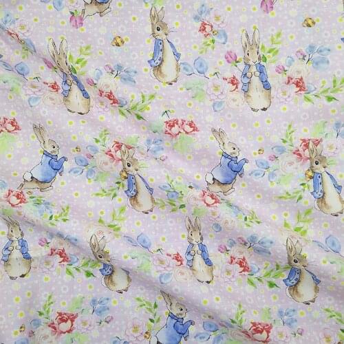 Beautiful Lt. Pink Bottom Cotton Fabric Grey Rabbit/Flower Printed Cotton Fabric DIY Patchwork Sewing Baby Dress Clothing