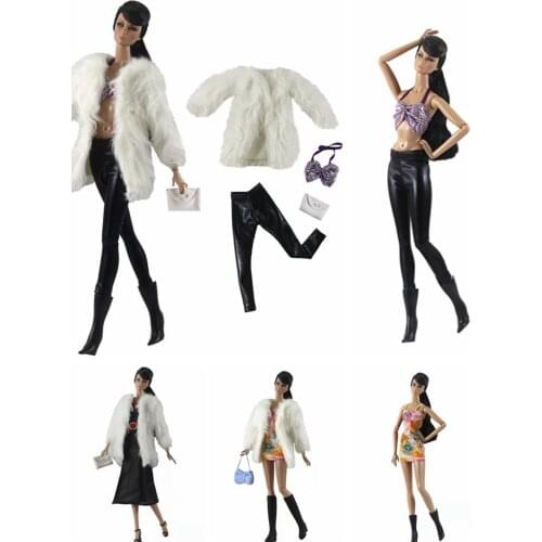 Fashion Lady Clothes Set for Barbie Doll Accessory White Fur Winter Coat Jacket Bra Dresses Trousers Handbag 1/6 BJD Clothes Toy