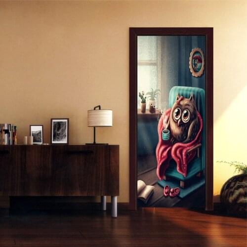 Cartoon Owl Sitting Sofa Drink Water Door Stickers Decor Kids Child Bedroom Living Room Decoration Wallpapers Decal Home Decor