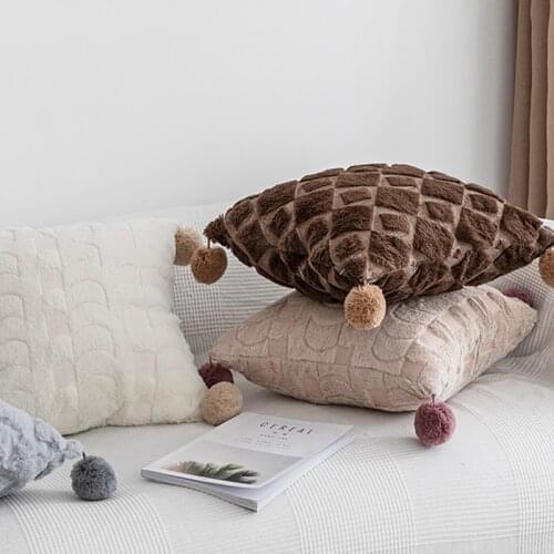Pompom Ball Cushion Cover Soft Plush Diamond Arrow Stylish 45x45cm Pillow Cover for Sofa Bed Chair Home Decorative Pink Cream