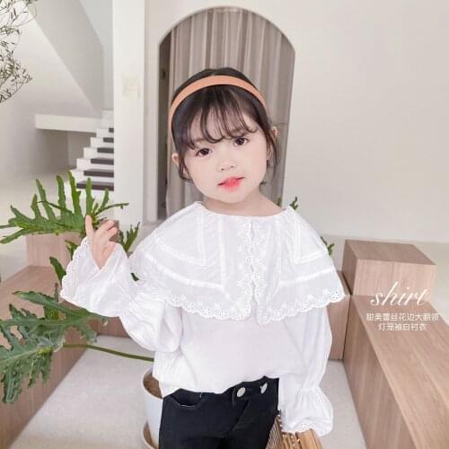 2021 Spring New Baby Girl Shirt Sweet Style Lace Silky Large Lapel Lantern Sleeve White Baby Shirt Toddler Lovely Top Tee Blouse