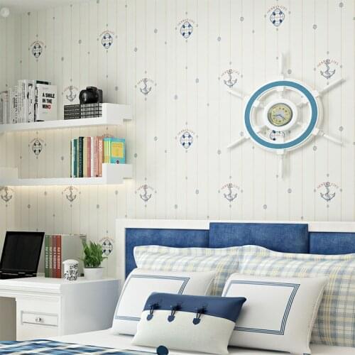 Mediterranean style childrens room wallpaper Non-woven fabric wallpaper Bedroom Background wall Cartoon Navigation wall sticker