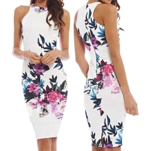 Sexy Women Dress Bodycon O Neck Sleeveless Floral Print Banquet Knee-length Floral Print Banquet Bodycon Knee-length Dress Women