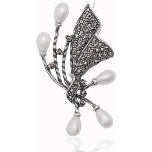 Tevuli 925 Sterling Silver Marcasite Stone With Pearl Brooch