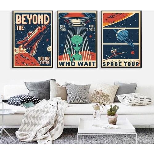 Hd Print Vintage Art Painting Space Retro Alien Posters Travel Landscape Poster Wall Art Picture for Living Room Home Decoration