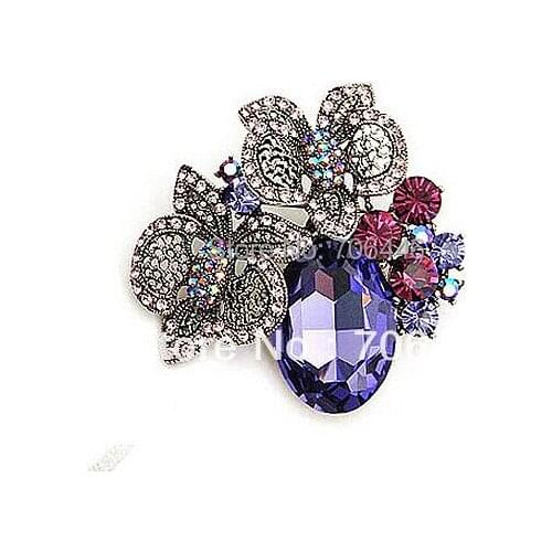 Vintage Silver Antique Style Lilac Rhinestone Crystal Diamante Butterfly on Flower Brooch