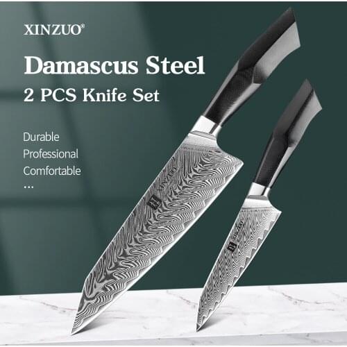 XINZUO 2PCS knives Set Janpanse Damascus Steel 5'' Utility 8.5'' Chef Cleaver Meat Vege Cutting Kitchen Set Tools G10 Handle