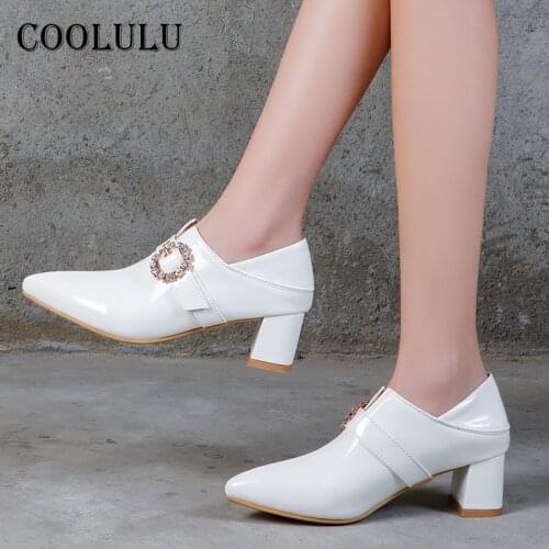 COOLULU High Heels Pointed Toe Women Shoes Thick Heel Dress Pumps Crystal Buckle Female Footwear 2021 Spring White Large Size 48