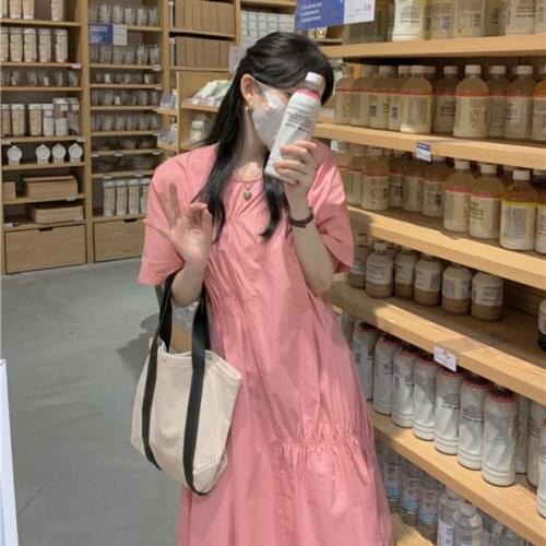 Dress Design Sense Pleated Round Neck Short-sleeved Dress Female Summer New Style Korean Style High Waist Slim Long Skirt