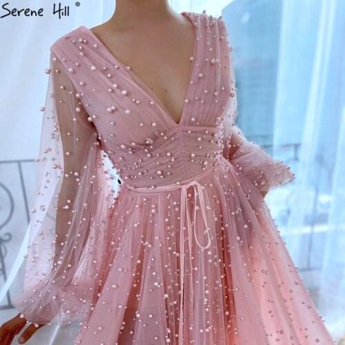 Serene Hill 2020 Pink A-Line Long Sleeves Sexy Prom Dress V-Neck Pearls Formal Party Gown Design CLA70527