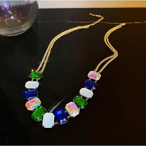 Origin Summer Vintage Multicolor Crystal Choker Necklace for Women Luxury Gold Color Chunky Chain Square Rhinestone Necklaces