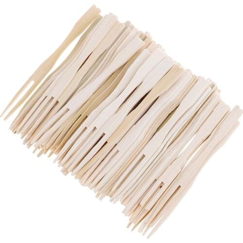 100pcs Disposable Forks Bamboo Fruit Forks 9cm Length Cocktail Fruit Picks Skewers Sticks Party Dessert Utensil