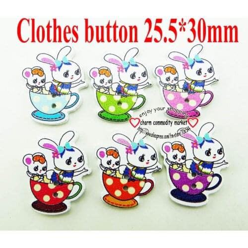 25pcs DIY 2 Holes Patterns Cartoons Wood Sewing Decoration Rabbit Button Scrapbook Charms Fox Buttons WCF-351