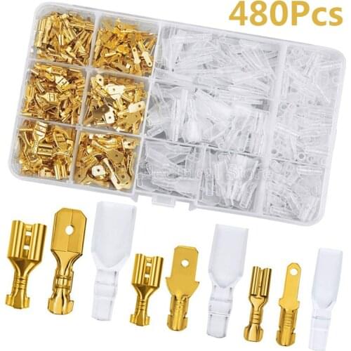 480Pcs 2.8mm 4.8mm 6.3mm Plug Spring Female Male Spade Cold Crimp Terminals Connector Car Speaker Electrical Wire Connectors Set