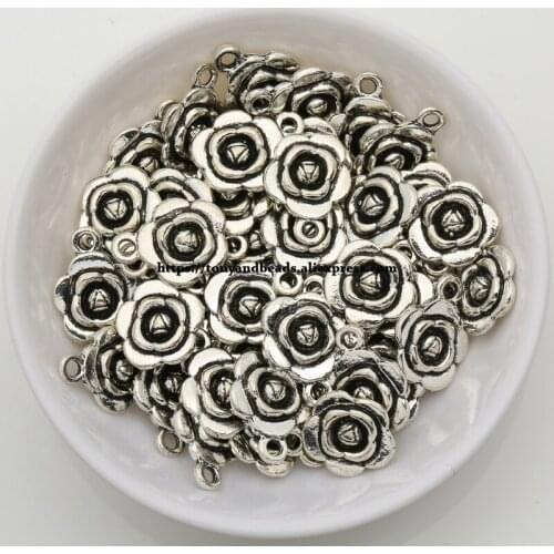 50Pcs/Lot) Zinc Alloy Tibetan Silver European Charm Flat-Rose-Shape Pendant Size 16X12mm HA-2254