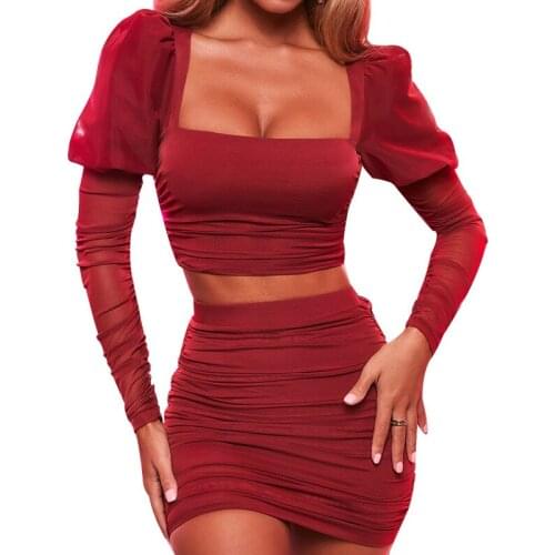 BAMBOOBOY Women Fashion Mesh Patchwork Square Neck Ruched Crop Top Pencil Mini Skirt Fitted Party Club Two Piece Sets LN328