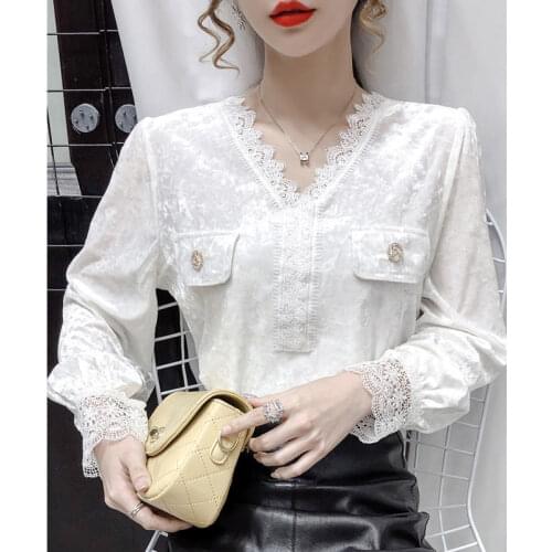 Blouse Women Autumn Winter V-neck Long Sleeve Shirt Velvet Splicing Lace Top Blusas Mujer De Moda