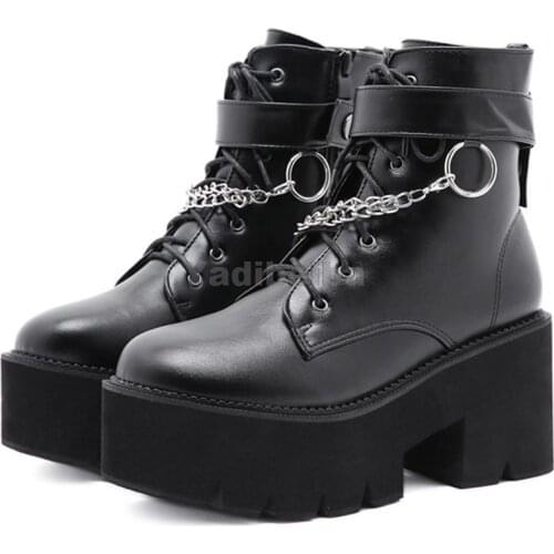 New Sexy Chain Women Leather Autumn Boots Block Heel Gothic Black Punk Style Platform Shoes Female Footwear High Quality Boots