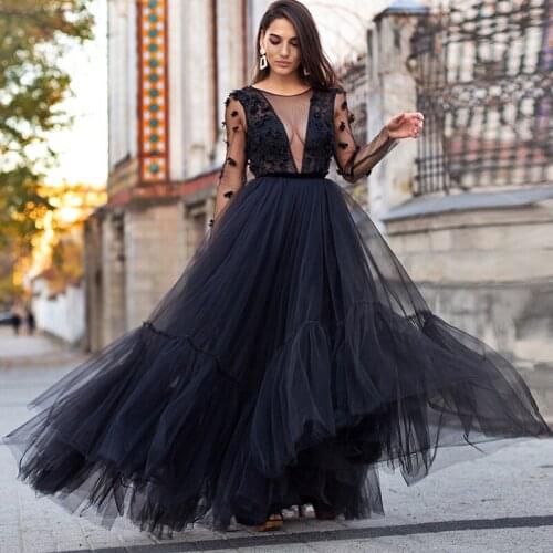 Black Dresses Plus Size Long Sleeve See Through Sexy A Line Evening Party Occasion Event Robe 2021 robe de soirée femme