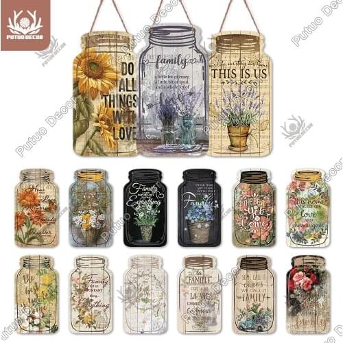 Putuo Decor Flower Sign Mason Jar Shape Wooden Wall Signs Plaques Wood Decoration for Rustic Home Garden Farmhouse Wall Decor
