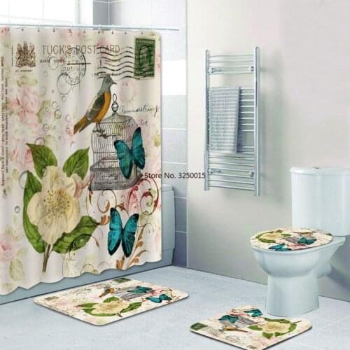 Home Decor Modern Vintage French Bee Garden Shower Curtain Set Retro Poster Flowers Floral Bathroom Curtain Bath Mats Rug Nature