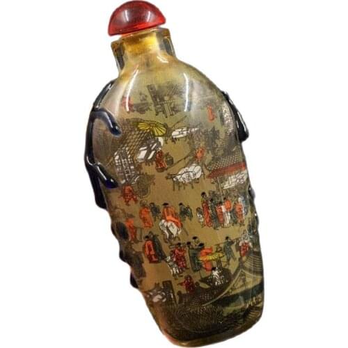 Chinese antique hand-made glazed interior painting Qingming shanghetu folk snuff bottle