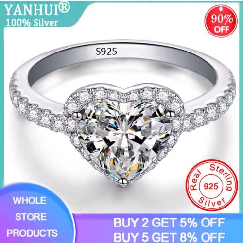 YANHUI Classic Eternal Heart 925 Sterling Silver Rings for Women Clear Cubic Zircon Ring Female Engagement Finger Ring Gift