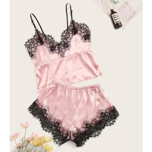 Sexy Lingerie Pajama Prant Set Black Lace 5 Sizes Summer Sleeveless Pink Shorts Sleepwear Suit for Women Pizama Damska Hot Sale