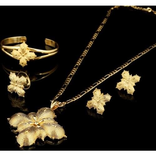 Large scale Set 24 k Solid Gold FINISH Sets For African Ethiopian Eritrean Habesha Pendant Chain Earring Ring Bangle