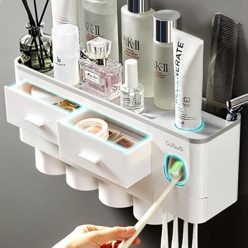 Magnetic Adsorption Inverted Toothbrush Holder Automatic Toothpaste Squeezer Dispenser Punch-Free Storage Rack Bathroom Home