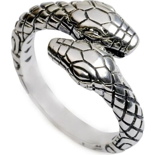 Megin D Silver Plated Titan Double Head Snake Punk Hip Hop Rings for Women Men Couple Friends Gift Fashion Jewelry Gothic Bague