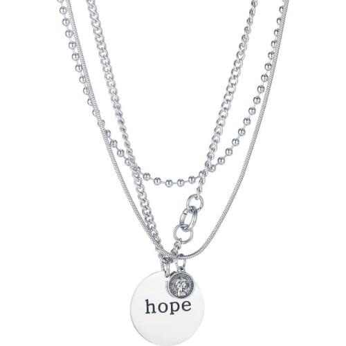 Stainless Steel Multi-Layer Necklaces hope Round Pendant Chain Beads Necklace Layered Jewelry Gift for Girls Women