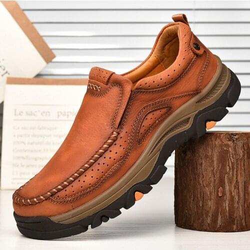 Mens Hiking Shoes Outdoor Slip On Flats Genuine Leather Walking Soft Footwear Quality Spring Hiking Shoes Fashion Sneakers